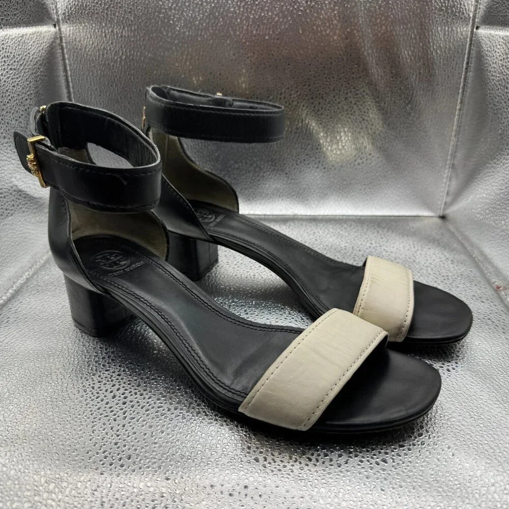 Size 9.5‎ M Tory Burch Black White Womens Two-Tone Block Heel Strappy Sandals